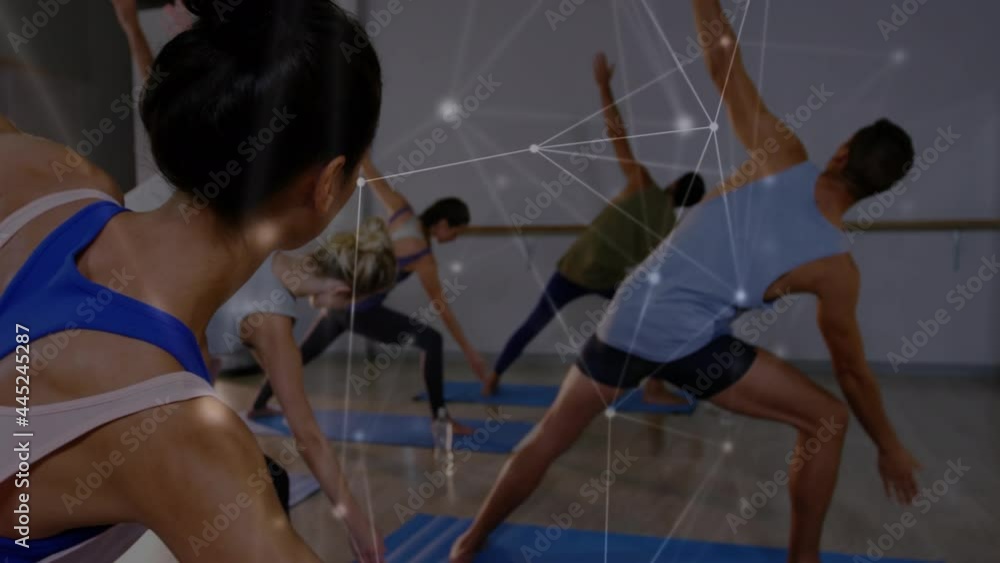 Poster animation of data processing over group practicing yoga, meditating
