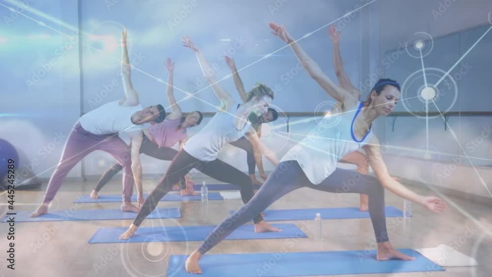 Poster animation of data processing over group practicing yoga, meditating