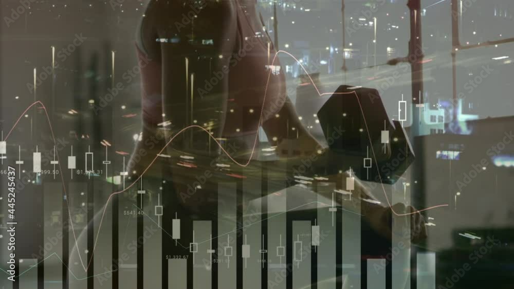 Poster animation of data processing and statistics over strong woman exercising