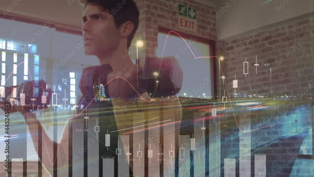 Poster animation of data processing and statistics over strong man exercising