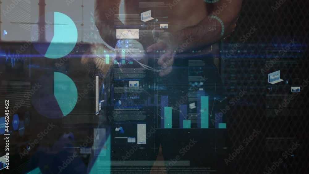 Poster animation of data processing and statistics over strong man exercising