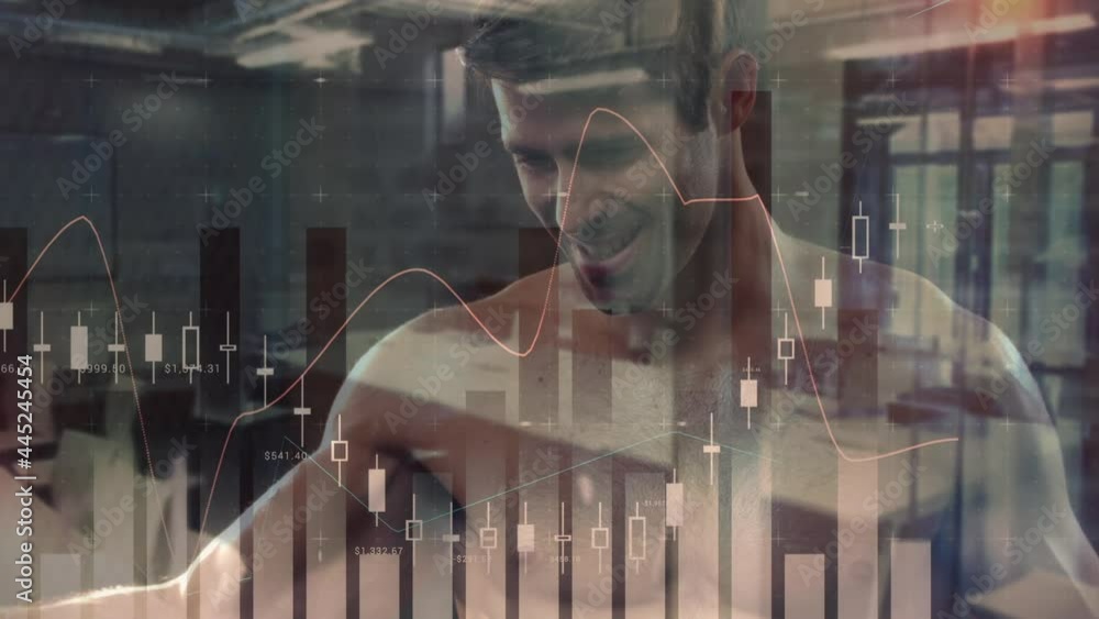 Poster animation of data processing and statistics over strong man exercising