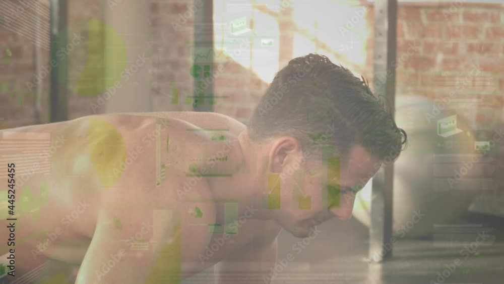 Poster animation of data processing and statistics over strong man exercising
