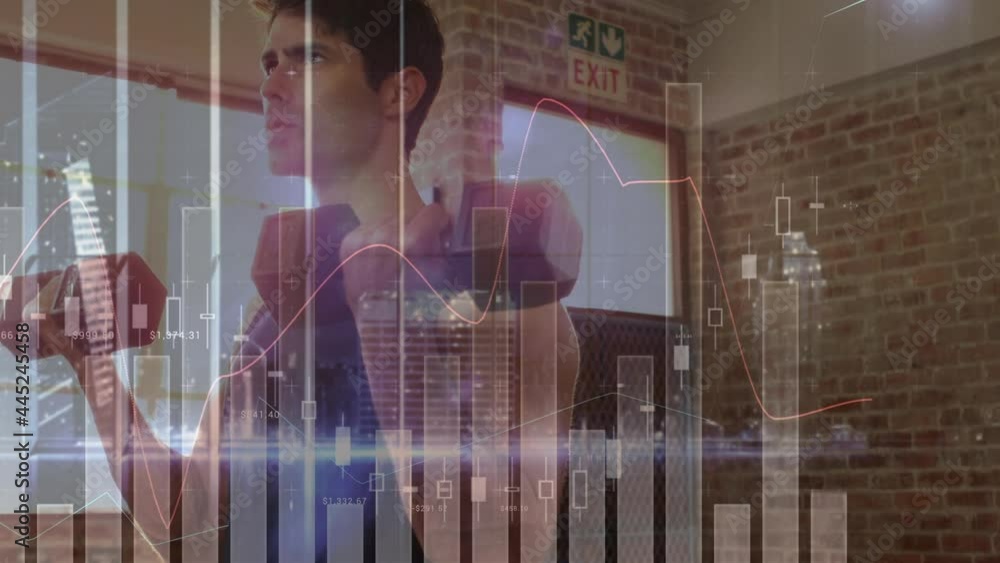 Poster animation of data processing and statistics over strong man exercising