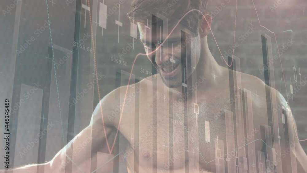 Poster animation of data processing and statistics over strong man exercising