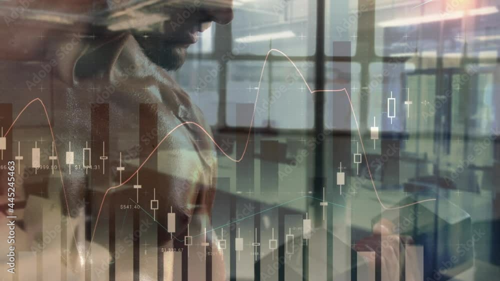 Poster animation of data processing and statistics over strong man exercising