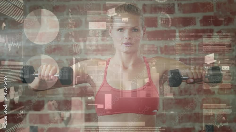 Poster animation of data processing and statistics over strong woman exercising