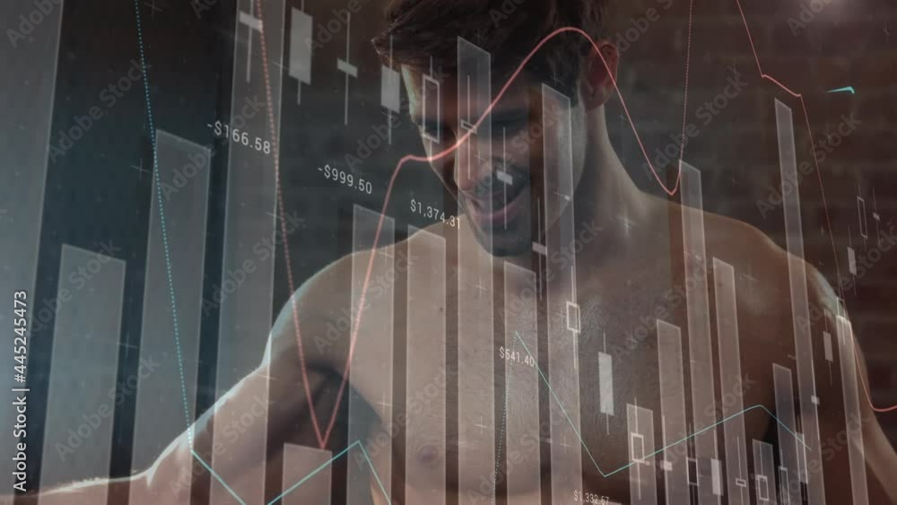 Poster animation of data processing and statistics over strong man exercising