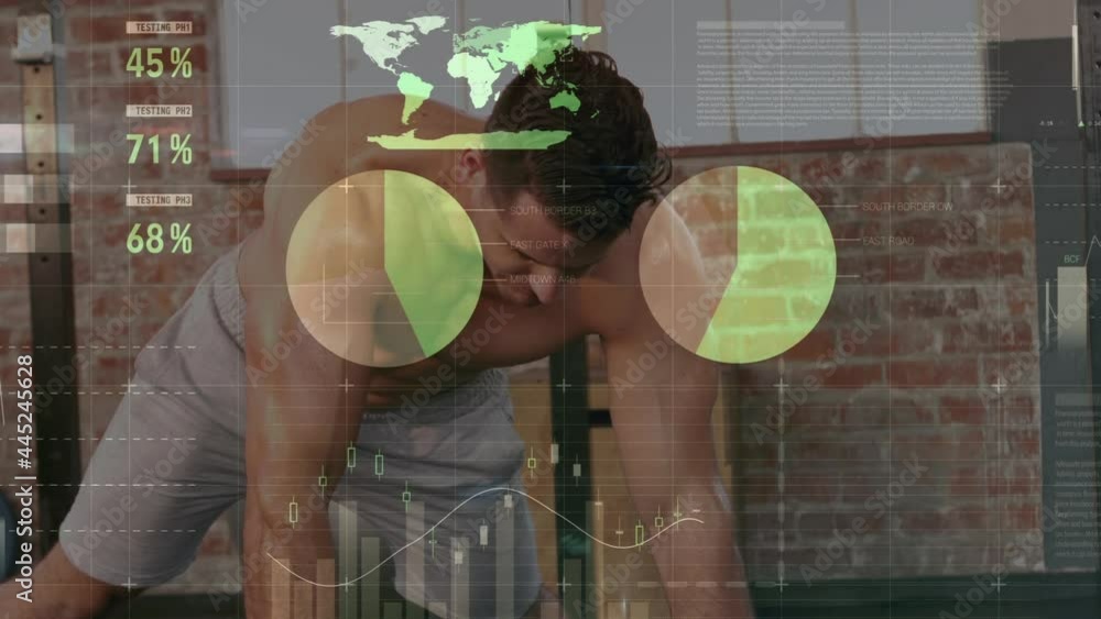 Poster animation of data processing and statistics over strong man exercising