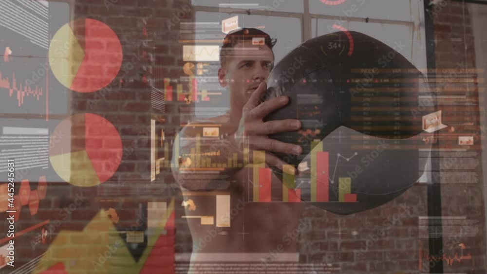 Poster animation of data processing and statistics over strong man exercising