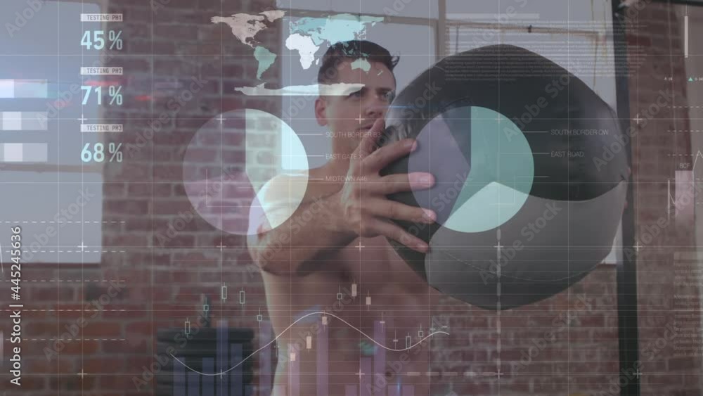 Poster animation of data processing and statistics over strong man exercising
