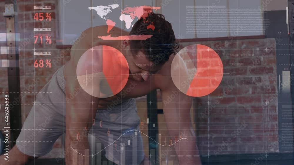 Poster animation of data processing and statistics over strong man exercising