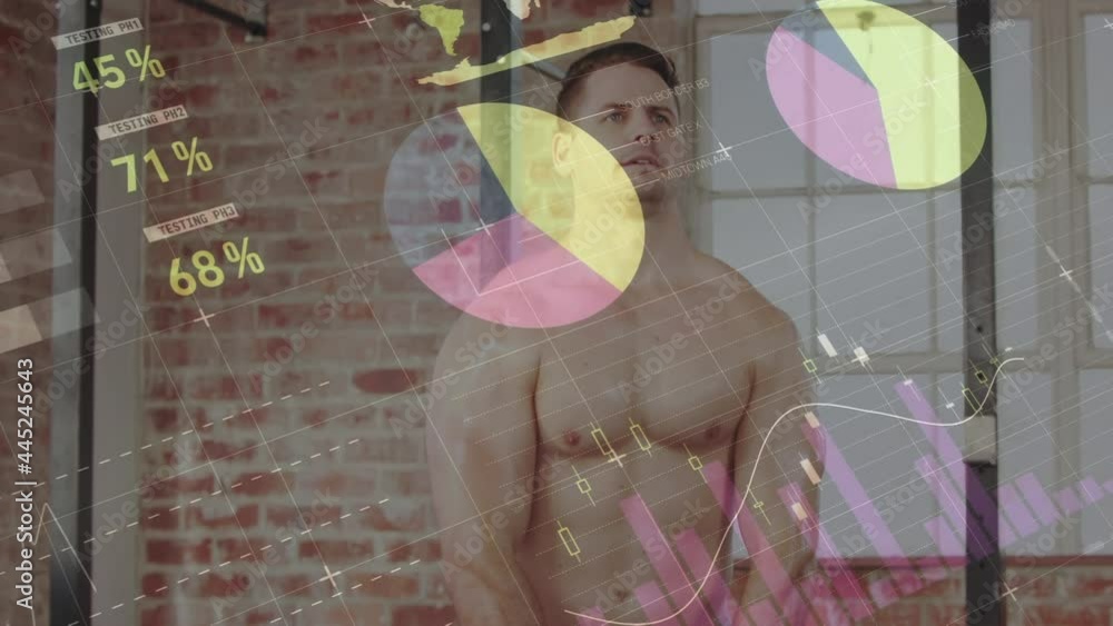 Poster animation of data processing and statistics over strong man exercising