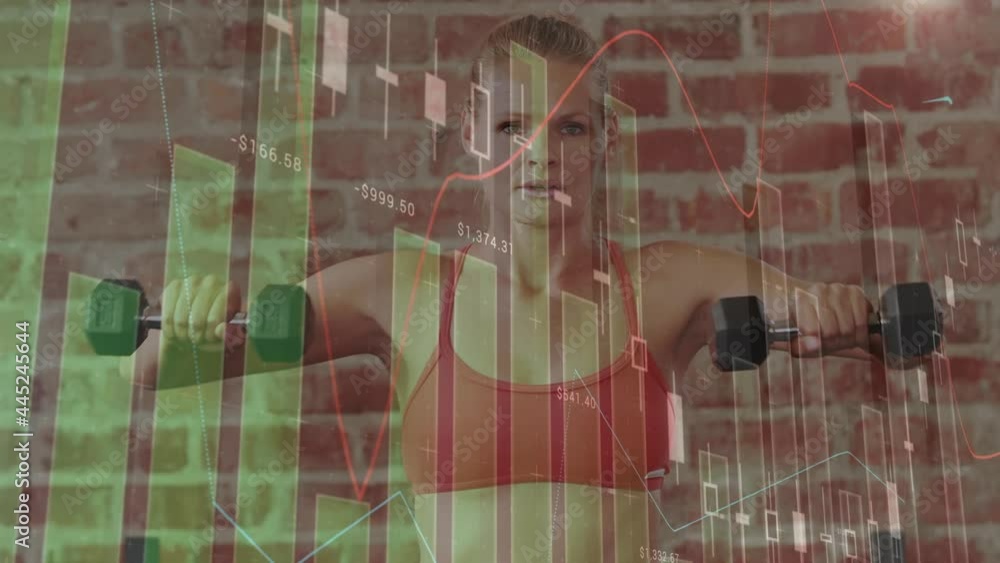 Poster animation of data processing and statistics over strong woman exercising
