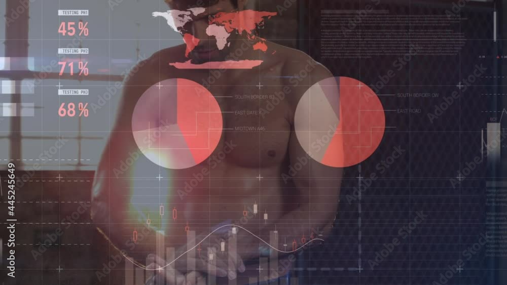 Poster animation of data processing and statistics over strong man exercising