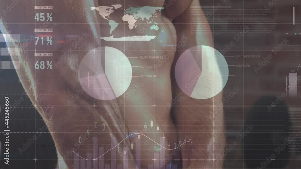 Poster animation of data processing and statistics over strong man exercising