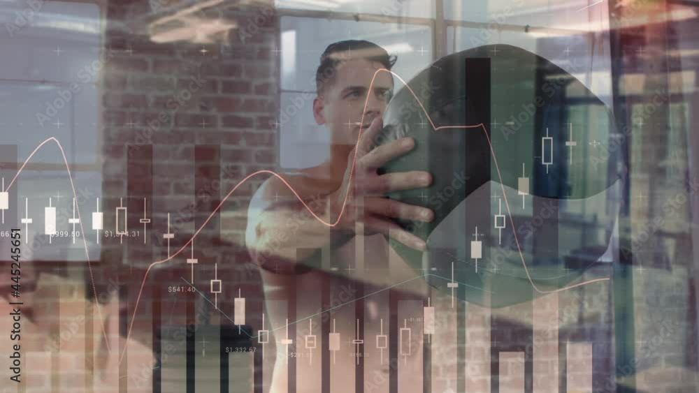 Poster animation of data processing and statistics over strong man exercising