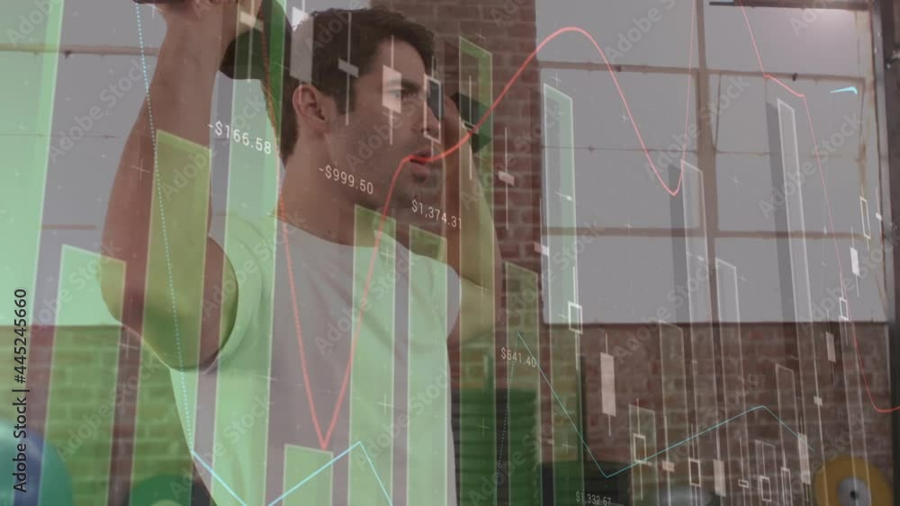 Poster animation of data processing and statistics over strong man exercising