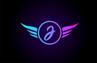 J blue pink wings alphabet letter icon design with wing template and grey color