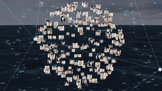 Animation of network of connections with people photos over sea