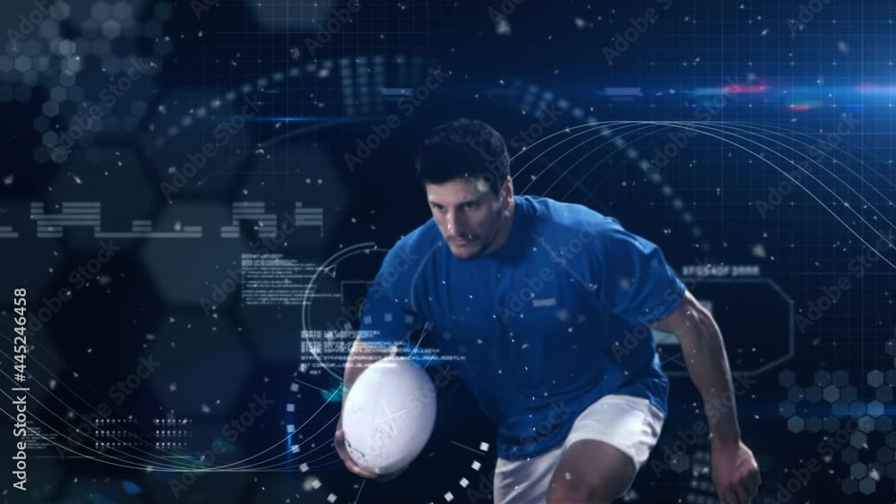 Poster animation of data processing over american football player with ball