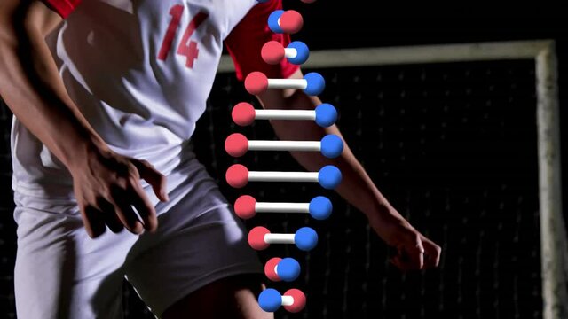 Animation of dna strand spinning over football player with ball