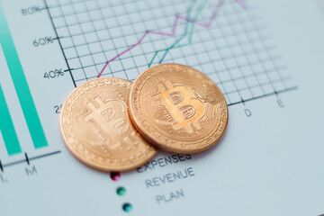 close-up. two gold bitcoins on the financial chart.