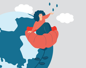 Fototapeta premium Woman sits on a flower with a happy face and catches water drops. Girl care about the earth, nature and environment. Concept of rehabilitation, therapy, wellbeing and inner peace. Vector illustration.