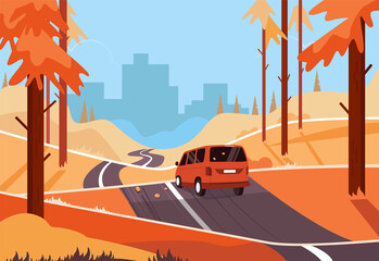 Autumn landscape. Landscape with a cute van on the road. Concept of road travel. Landscape on an urban background. Vector illustration. © Pixuliana
