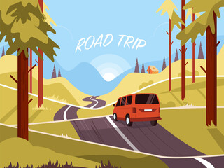 Summer landscape. The road travel concept. A cute van on the background of mountains. Vector illustration.