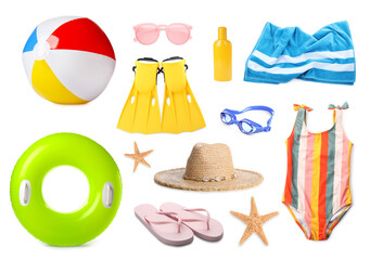 Set with different beach accessories on white background