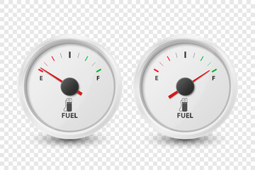 Vector 3d Realistic White Circle Gas Fuel Tank Gauge, Oil Level Bar Icon Set Isolated. Full and Empty. Car Dashboard Details. Fuel Indicator, Gas Meter, Sensor. Design Template