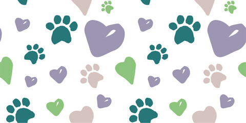 Plakat seamless doodle pattern with dog footprints, hearts, lettering of the word dog, lettering of the word woof