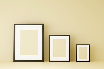 Blank picture frame mock up on the brown wall. 3d rendering.