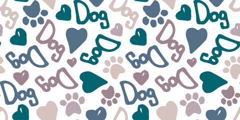 seamless doodle pattern with dog footprints, hearts, lettering of the word dog, lettering of the word woof