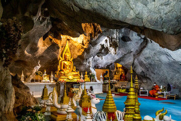 Wat tham Pu Wa temple in the cave in Kanchanaburi, Thailand