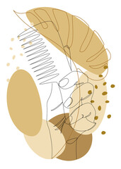 Silhouettes of human hands holding a hairbrush, in a modern one-line style, and plant leaves. Continuous line drawing, contour for decor, posters, wall art, stickers, logo. Vector illustration.