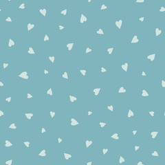 Heart pattern background. Cute vector seamless repeat pattern of small textured hand drawn hearts in blue.
