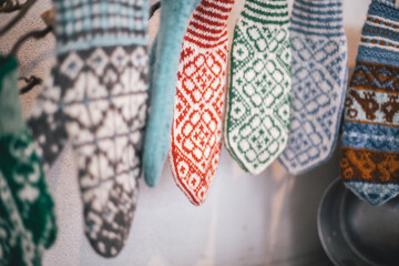 norwegian knitted wool mittens in different colors and patterns