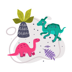 Jurassic Park Composition with Funny Dinosaurs as Cute Prehistoric Creature and Comic Predator Vector Illustration