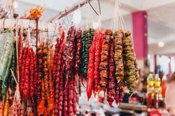 Colorful churchkhela is sold on the market in Georgia.