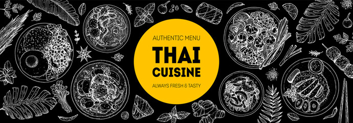 Thai food top view vector illustration. Food menu design template. Hand drawn sketch. Thai food menu. Vintage style. Pad thai, khao man gai, thai noodle soup, pad krapow gai, massaman curry.