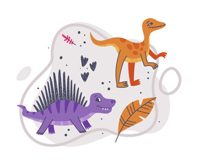 Jurassic Park Composition with Funny Dinosaurs as Cute Prehistoric Creature and Comic Predator Vector Illustration