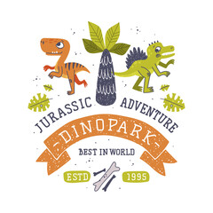 Dino Island and Dino Park Family Entertainment Emblem with Funny Dinosaur as Cute Prehistoric Creature and Comic Jurassic Predator Vector Illustration