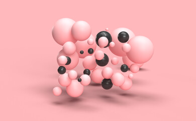 Abstract background with pink and black spheres with different sizes. Modern background design. 3d rendering