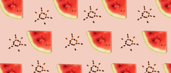 Pattern of sliced fresh watermelon, sun shaped seeds on pink background. Summer fruit, berry. Trendy, Minimal shadows. Watermelon day concept -3 august.