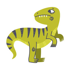 Funny Green Striped Dinosaur as Cute Prehistoric Creature and Comic Jurassic Predator Vector Illustration