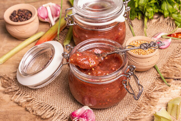 Chutney from rhubarb. Set of ingredients and spices for cooking