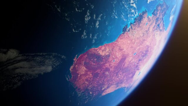 Cinematic space view of red Australia, realistic planet Earth rotation in cosmos