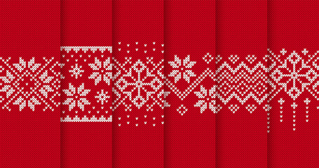 Christmas knit patterns. Red Xmas seamless background. Set of knitted textures. Festive border for sweater. Holiday fair isle traditional print. Ornament with flowers. Vector illustration. - obrazy, fototapety, plakaty